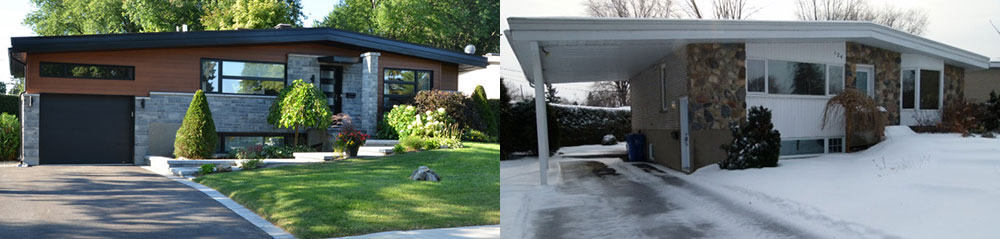 Transformation très réussi d’un abri d’auto (carport) en garage attaché de style moderne pour un bungalow. Porte de garage simple de couleur Noir.