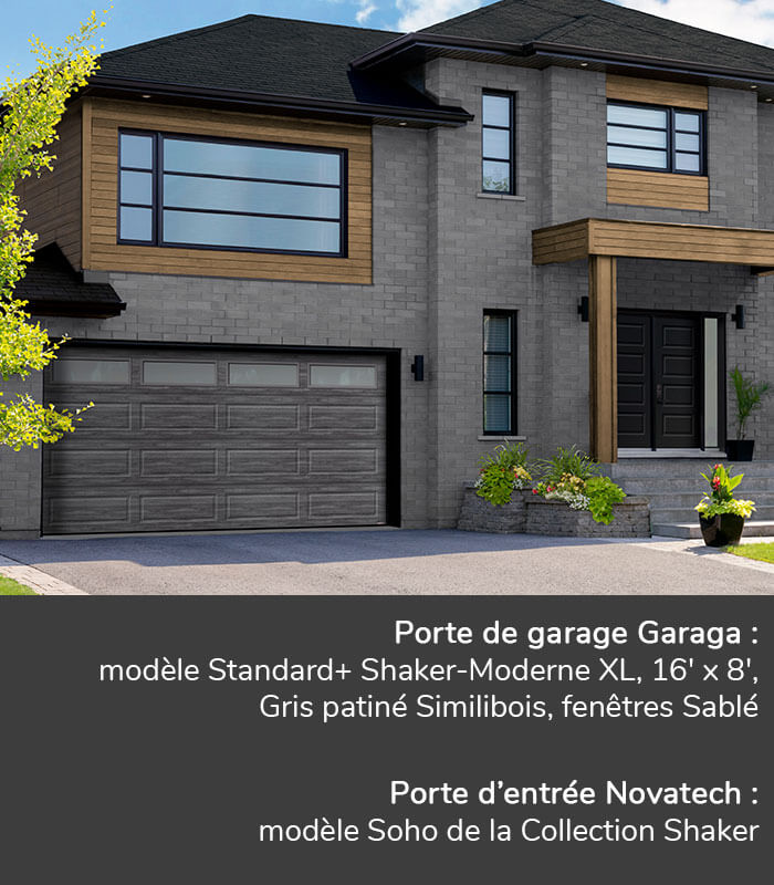 Portes de garage GARAGA | Standard+ Shaker-Moderne XL, 16' x 8', Gris patiné Faux bois, fenêtres Sablé | Porte d'entrée Novatech