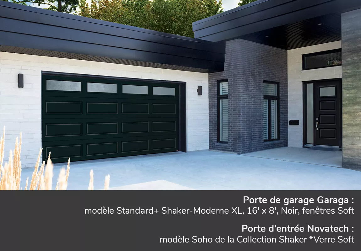 Porte de garage Garaga: Standard+ Shaker-Moderne XL, 16' x 8', Noir, fenêtres Soft
